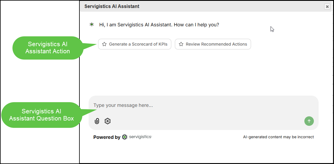 Example of a Servigistics AI Assistant pop-up window